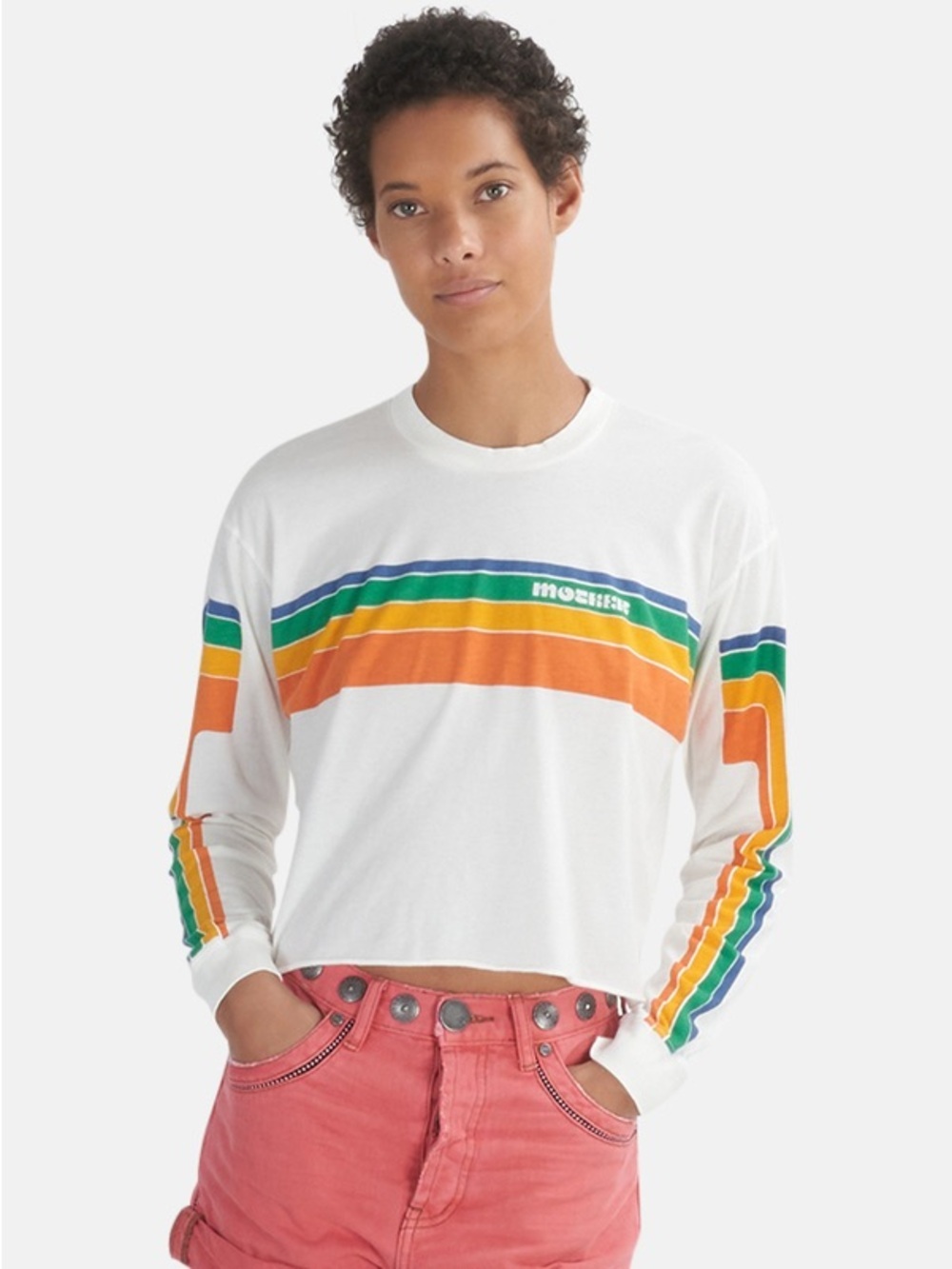 MOTHER Denim Rainbow Band Slouch Cut Off Crop Long Sleeve Top White M